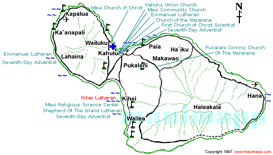 Map of Maui Other Denomination  Churches:  Maui Church of Christ, Kahului Union Church, Church of the Nazarene, Emmanuel Lutheran Church, First Church of Christ Scientist, Kihei Lutheran, Maui Community Church, Maui Religious Science Center, Pukalani Community Church of the Nazarene, Seventh-day Adventist, Shepherd of the Island Lutheran