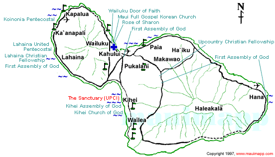 Map of Maui Pentecostal Churches: Kihei Church of God, Koinonia Pentecostal Church, Lahaina Christian Fellowship, Maui First Assembly of God, Maui Full Gospel Korean Church, Rose of Sharon Church, the Sanctuary (Upci), Upcountry Christian Fellowship, Wailuku Door of Faith