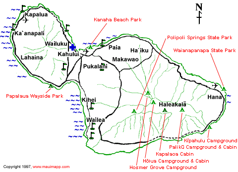 MAP OF MAUI ISLAND CAMPGROUNDS: Kanaha Beach Park, H.A. Baldwin Beach Park, Polipoli Springs State Park, Waianapanapa State Park